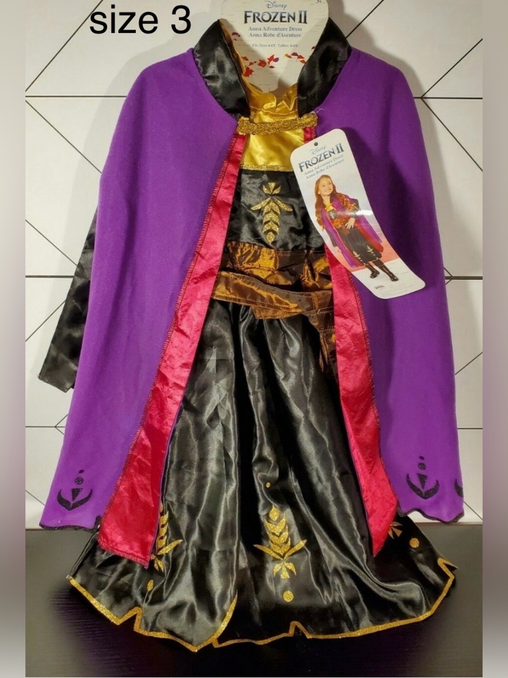 size 3 Disney Purple, Black & Gold Anna Inspired Cape Dress Costume